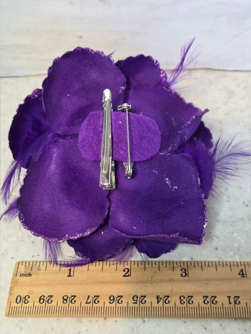 Purple Fabric Rose Flower Brooch Pin Hair Clip Glitter Feather 4" Statement - Picture 5 of 5